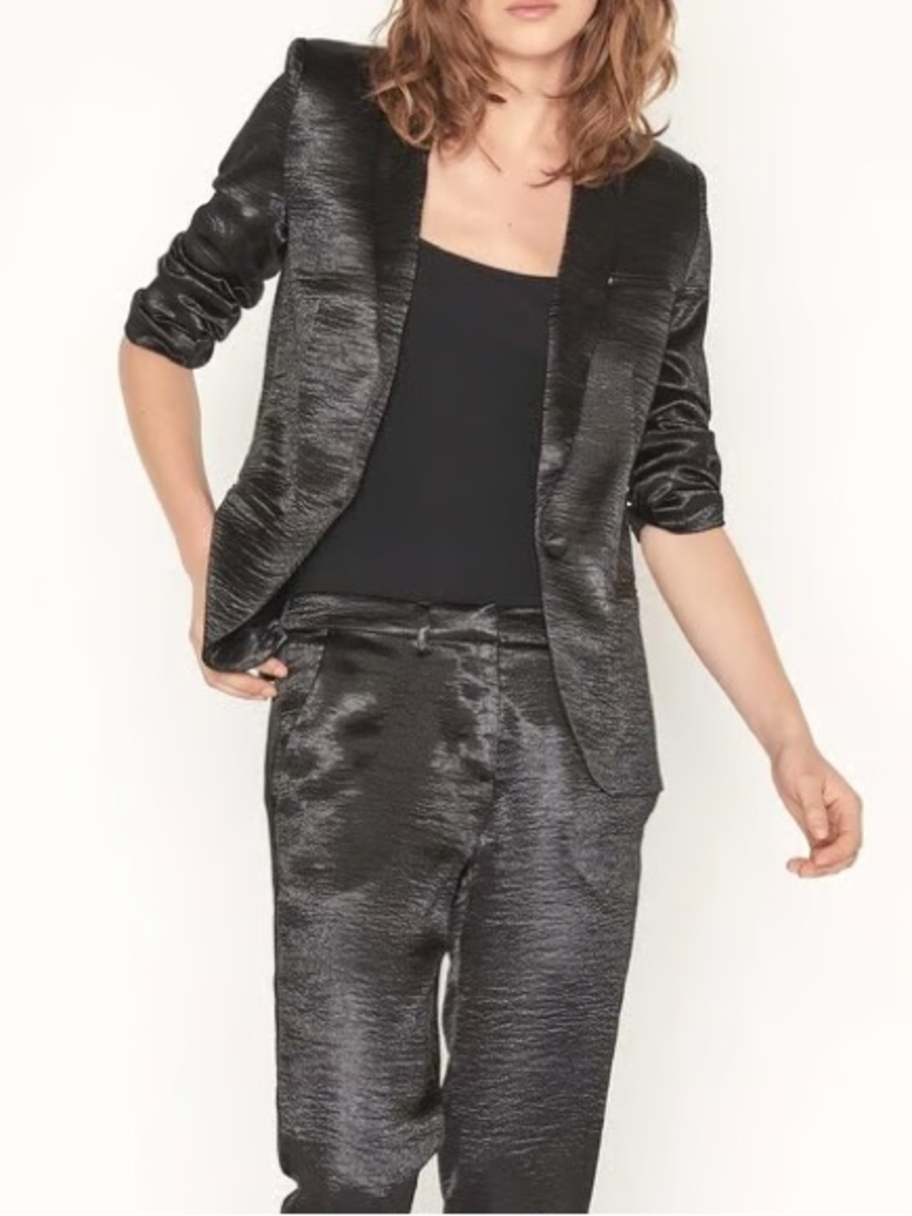 Ba&sh Carina Crinkle Satin Blazer Black